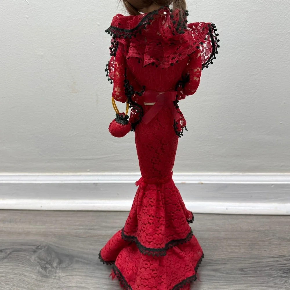 Vintage 1970s Korean Bradley Big Eye Boudoir Doll Red Lace Dress Musical